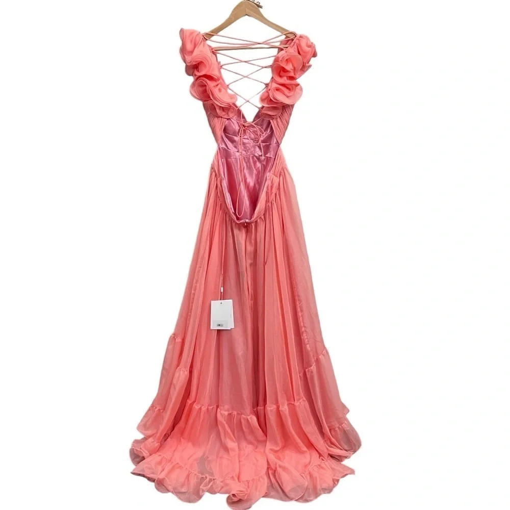 NEW $600 MAC DUGGAL RUFFLE TIERED CUT-OUT CHIFFON GOWN CORAL SIZE 12 - Picture 10 of 17
